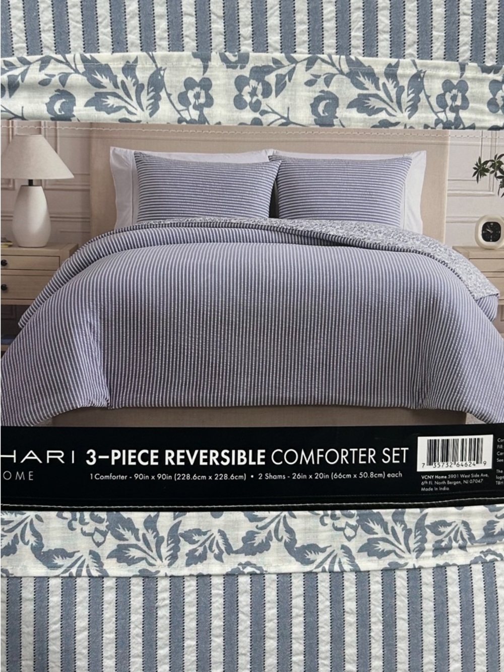Tahari Blue and White Striped with Floral Reversible Queen Comforter Set 90”x90”